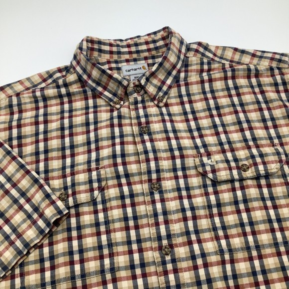 Carhartt‎ Mens Short Sleeve Button Up Shirt Tan Checkered Size XXL